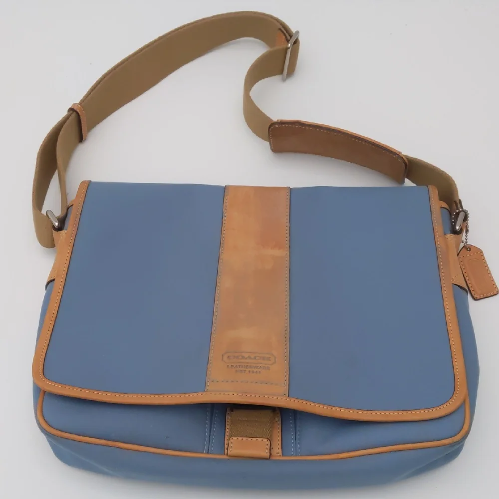 Coach Blue Canvas Messenger Bag with Tan Leather Trim